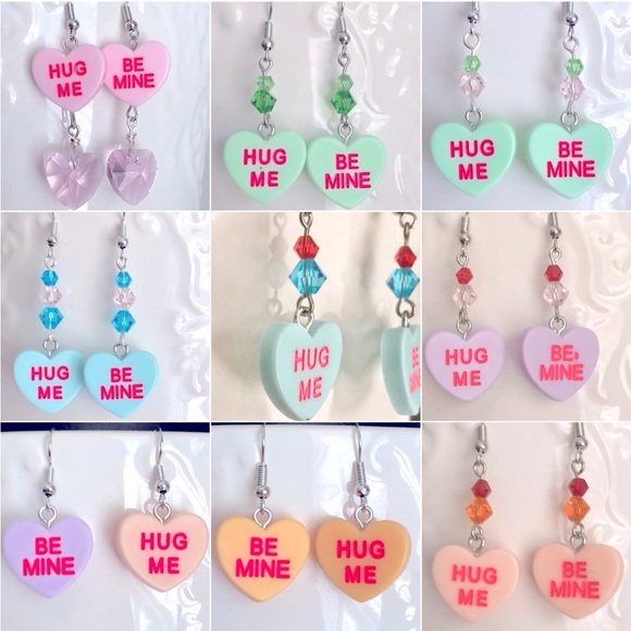 New Conversation Hearts Dangle Drop Earrings Handmade Party Purple Candy Fun - Picture 6 of 7